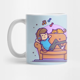 Happy Boy Listening Music On Sofa with Cute Cat, Tune, and Notes of Music Cartoon Vector Icon Illustration Mug